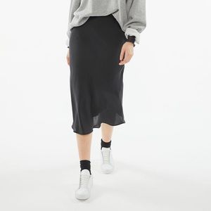 UO Rowan Satin/Slip Midi Skirt (Black)